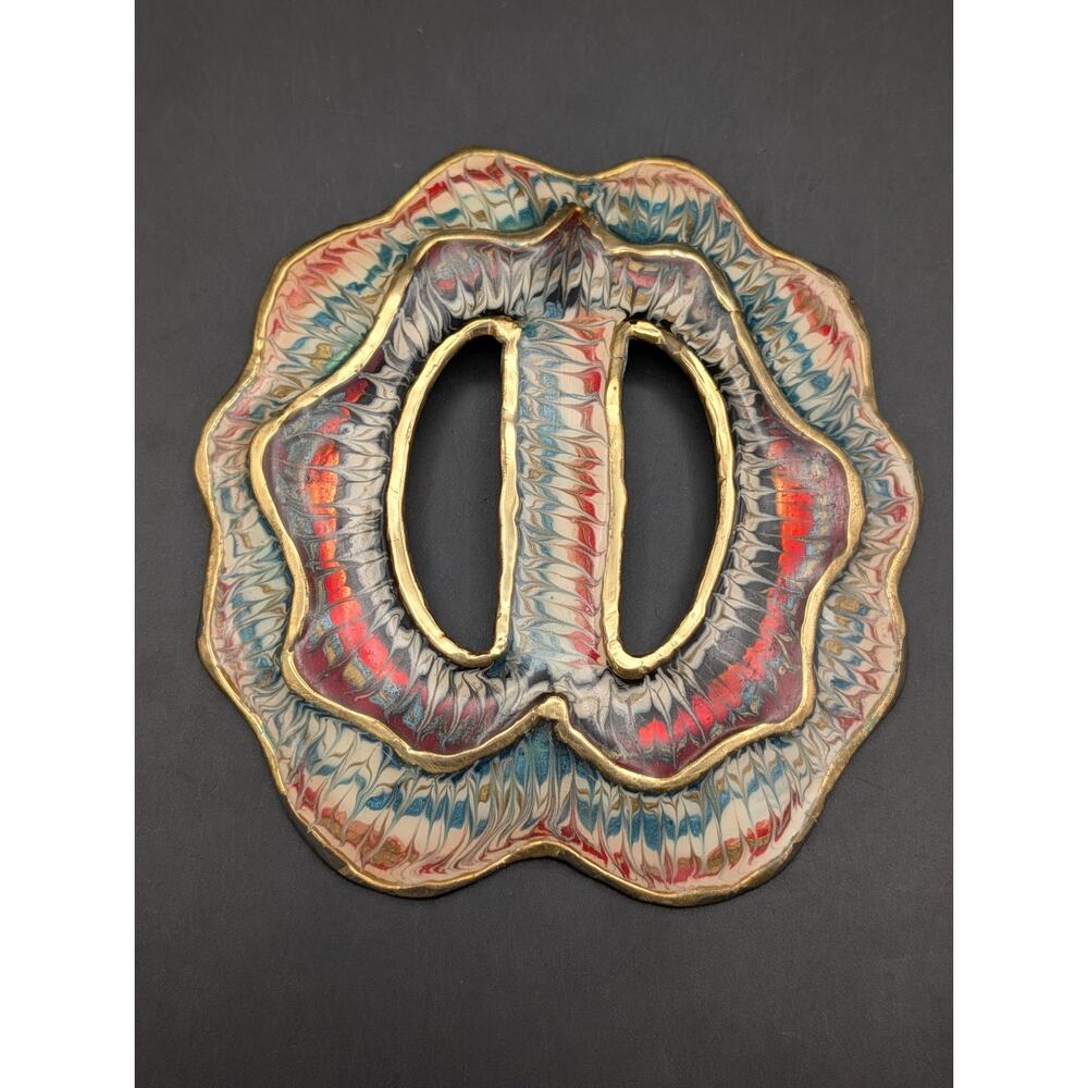 Vintage LUCIANO Signed Belt Buckle Large Brass Modernist Marbled Enamel 70s 80s